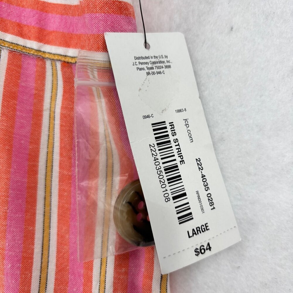 A.N.A Midi Shirt Dress Size L Pink Orange Stripe Linen Blend Button Up Cap Sleev - Picture 13 of 14